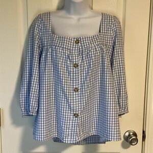 White and blue gingham button up cottagecore blouse by Sunny Leigh-size large